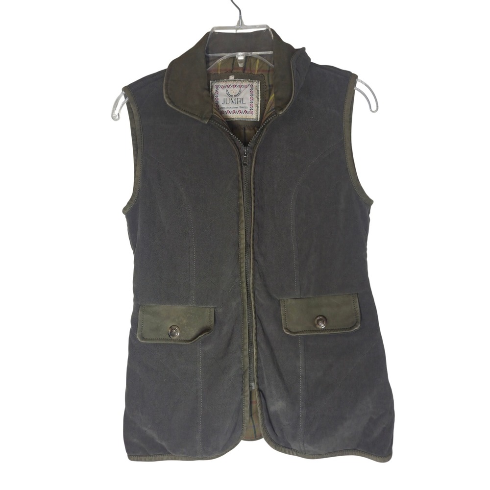 Jumfil France Olive Green Suede Like Plaid Lined Zip Front Vest Sz 0 equestrian